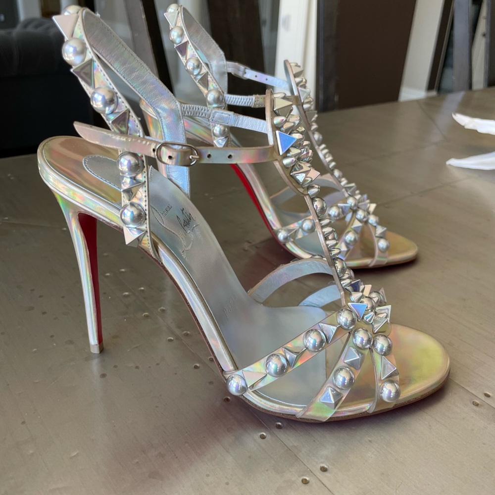 christian louboutin Goldora 100mm stiletto sandal spike iridescent sz 38 - Picture 3 of 12